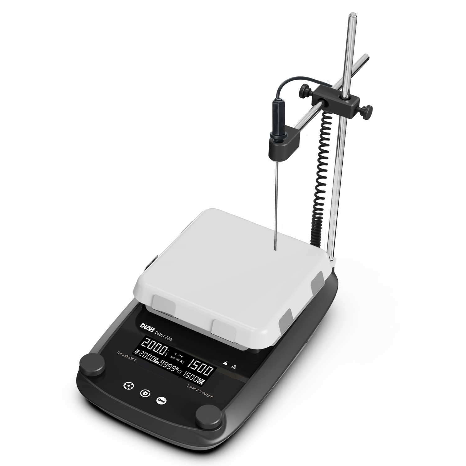 Digital laboratory hot plate stirrer with a white ceramic top, temperature probe, and digital display showing settings.