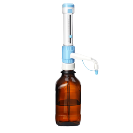 A brown glass bottle fitted with a blue and white adjustable laboratory bottle-top dispenser on a plain background.