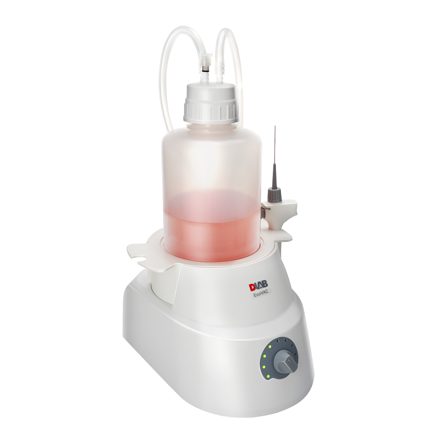 A laboratory bottle filled with pink liquid is connected to a white electronic device with control knob and indicator lights, used for processing or filtration.