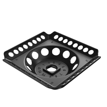 Black plastic square-shaped component with circular holes, numbered markings, and letters on the edges, displayed against a white background.