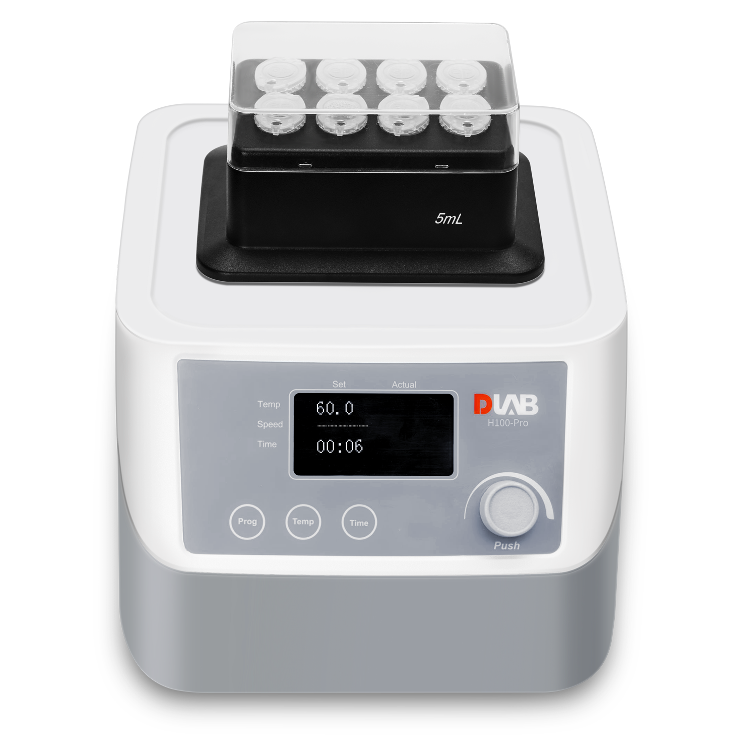 A laboratory device with a digital display showing settings for temperature, speed, and time, with a tray holding 5mL vials on top.