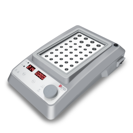 A laboratory dry block heater with a digital display, control knob, and a metal block featuring multiple circular wells for holding test tubes.