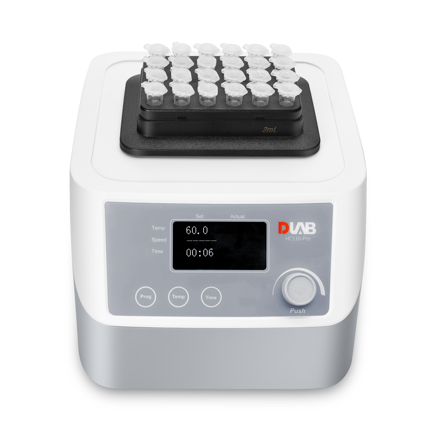 A laboratory dry bath incubator with digital display showing 60°C temperature and 6 minutes; holds a block with multiple capped test tubes.