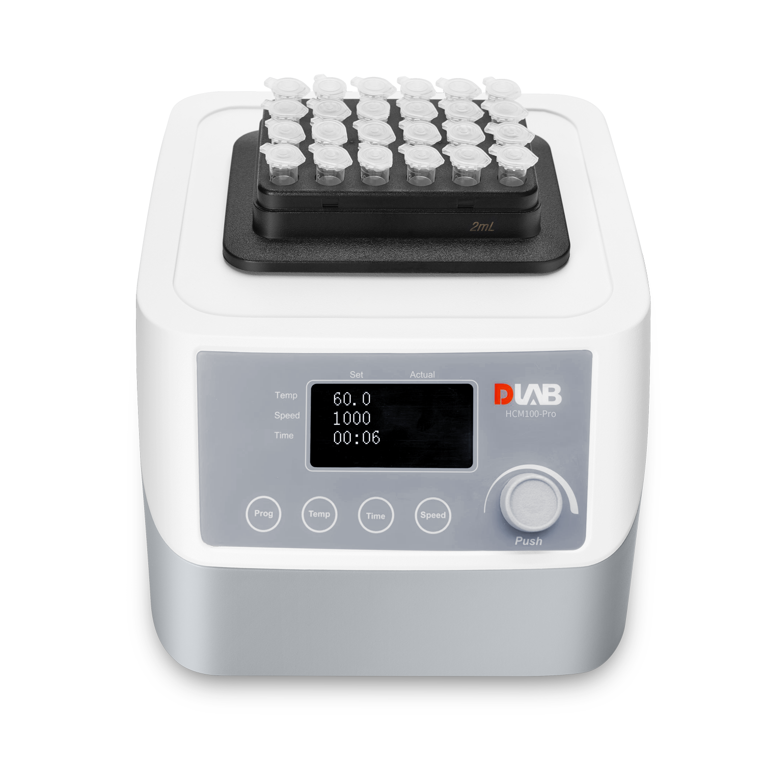 A laboratory vortex mixer with a digital display, holding multiple sample tubes arranged in a black tray on top.