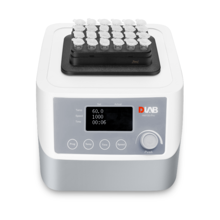 A laboratory sample mixer with a digital display showing temperature, speed, and time, holding multiple capped sample tubes on its top tray.