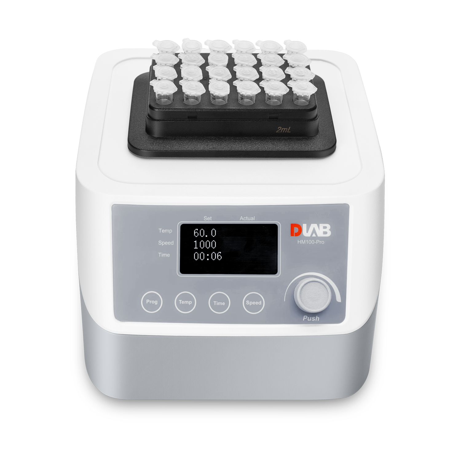 A laboratory sample mixer with a digital display showing temperature, speed, and time, holding multiple capped sample tubes on its top tray.