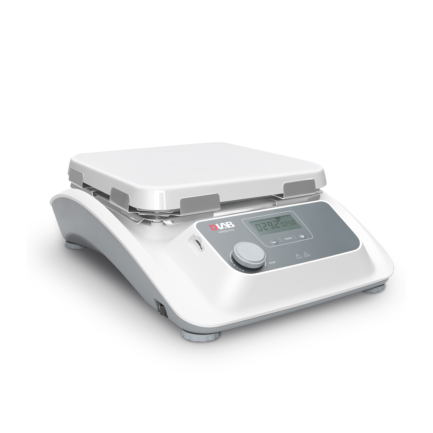 Digital laboratory weighing scale with a flat white platform, digital display, and control buttons on a gray and white body, placed on a light surface.