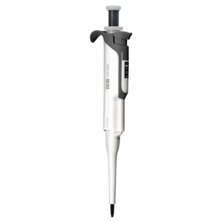 A laboratory micropipette with a digital display and adjustable volume, shown isolated on a white background.