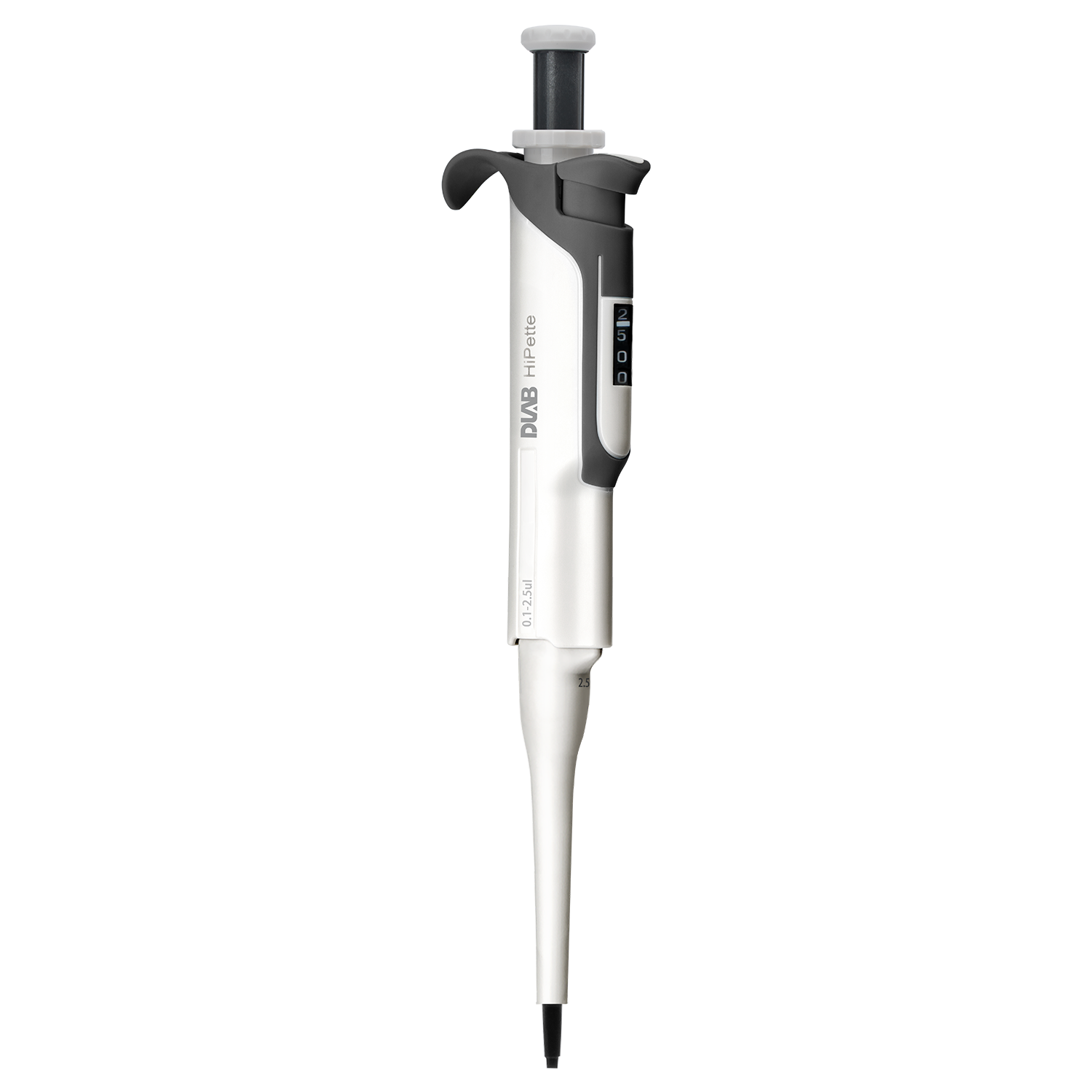 A laboratory micropipette with a digital display and adjustable volume, shown isolated on a white background.