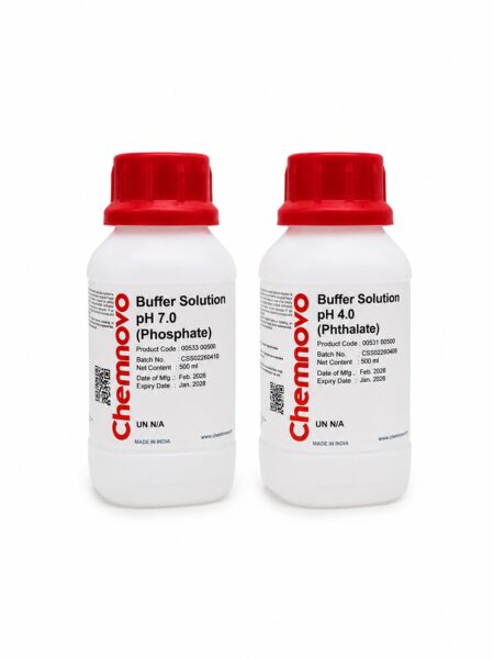 Two clear white bottles with red caps labeled “ph buffer solution clear”—one containing phosphate buffer at pH 7.0 and the other containing phthalate buffer at pH 4.0—standing side by side.