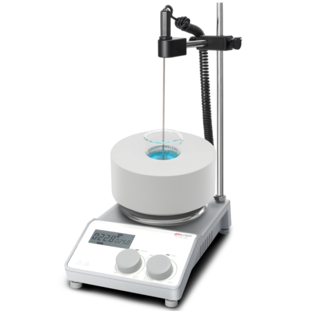 A laboratory heating mantle setup with a digital display, holding a beaker of blue liquid and a temperature probe inserted into the beaker.