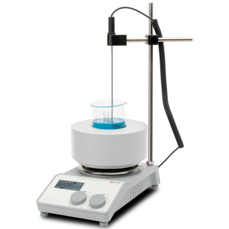 A laboratory hot plate stirrer with a digital display, holding a beaker of blue liquid and a temperature probe inserted into the beaker.