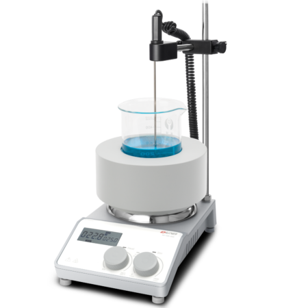 A laboratory hot plate with a digital display heats a beaker containing blue liquid, monitored by a temperature probe held in place by a clamp.