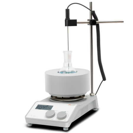 A laboratory heating mantle setup with a digital display, temperature probe, and a flask containing a clear liquid.