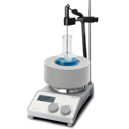 A laboratory hot plate stirrer with a digital display heats and stirs a flask containing blue liquid using a temperature probe.