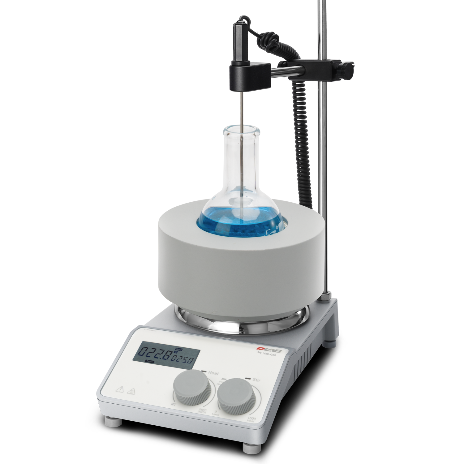 A laboratory hot plate stirrer with a digital display heats and stirs a flask containing blue liquid using a temperature probe.