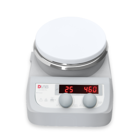 A digital laboratory hot plate stirrer with two control knobs and LED display showing temperatures "25" and "460".
