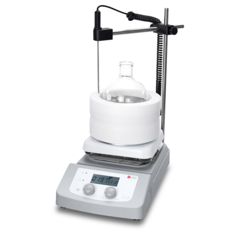 Laboratory heating mantle setup with a round-bottom flask, digital controls, and a temperature probe attached to a vertical stand.