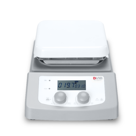 Digital laboratory hot plate stirrer with an LCD display showing a temperature reading, two control knobs, and a white heating surface.