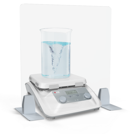 Digital laboratory magnetic stirrer with a beaker of water forming a vortex, placed behind a clear protective shield.