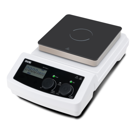 A digital laboratory magnetic stirrer with a display screen, control knobs, and a flat, square stirring platform.