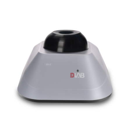 A gray DIAB laboratory vortex mixer with a black rubber top, viewed from the front against a plain white background.