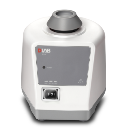 A white laboratory vortex mixer with a gray control panel, labeled buttons, and a power switch on the front.