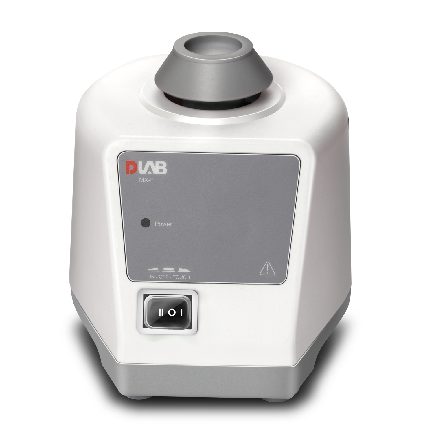 A white laboratory vortex mixer with a gray control panel, labeled buttons, and a power switch on the front.