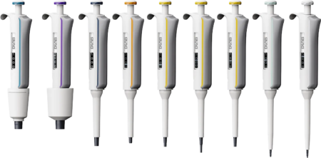 A row of nine adjustable laboratory pipettes with different colored caps, displayed upright on a white background.