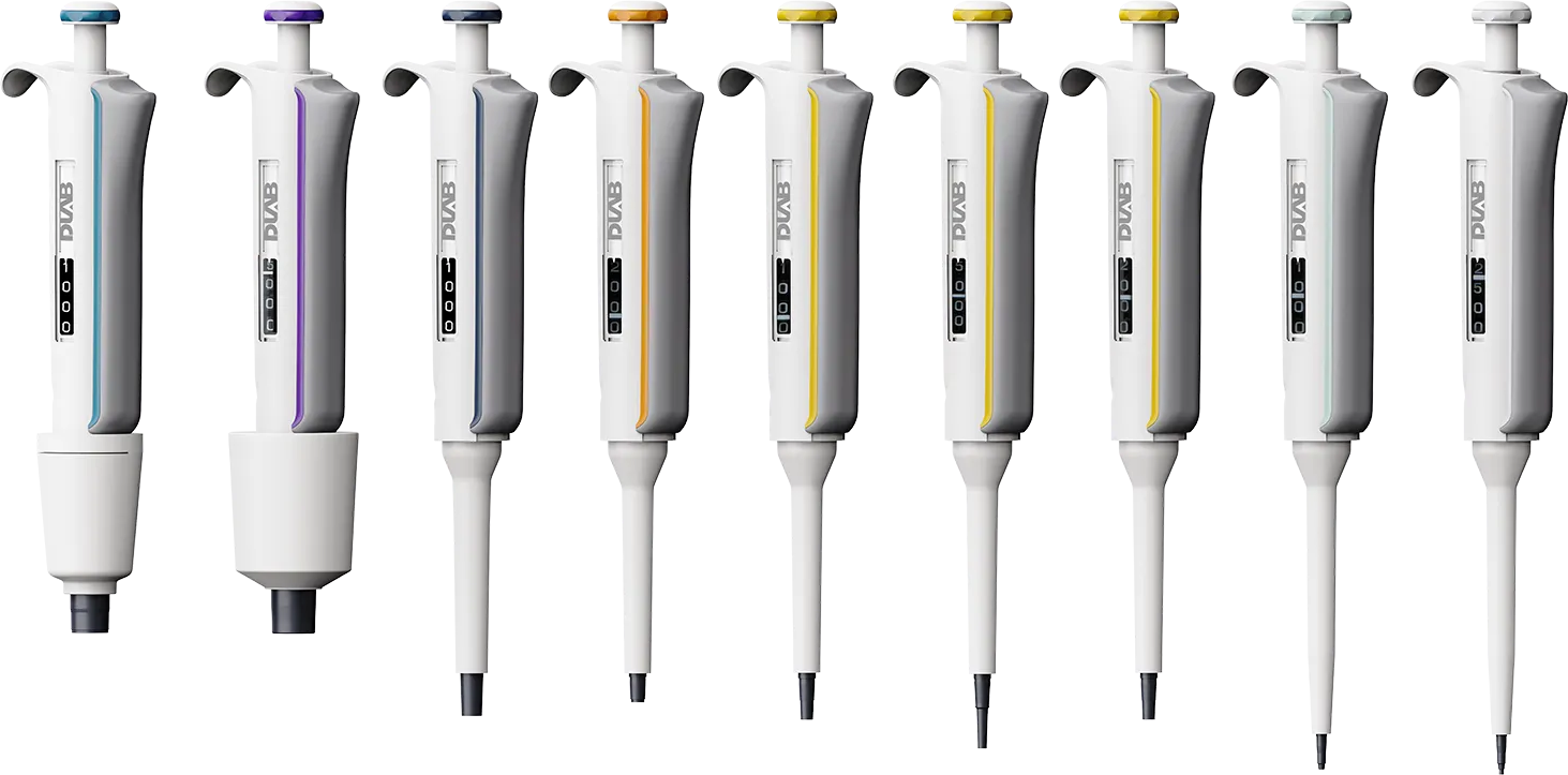 A row of nine adjustable laboratory pipettes with different colored caps, displayed upright on a white background.