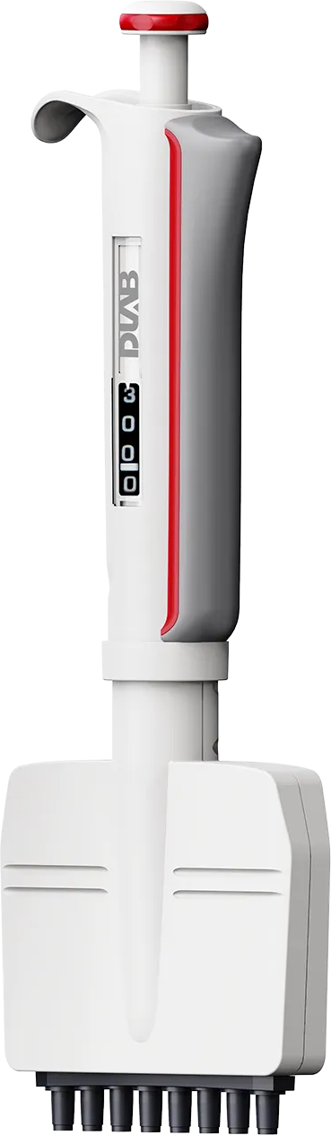 A multichannel laboratory pipette with a white and gray body, a red button on top, and eight dispensing channels at the bottom.