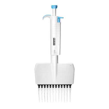A white and blue multichannel pipette with twelve attached tips, typically used in laboratory settings for transferring liquids.