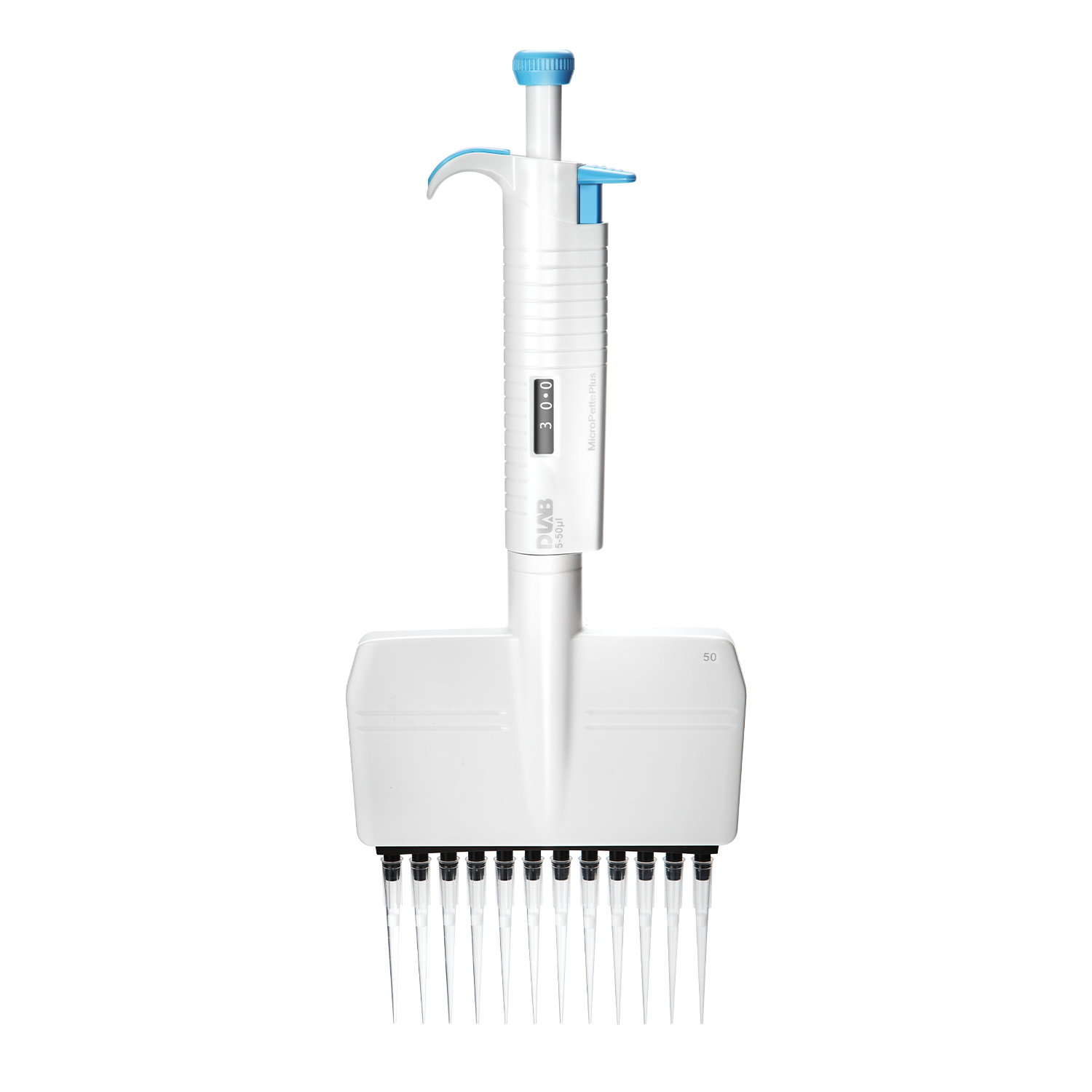 A white and blue multichannel pipette with twelve attached tips, typically used in laboratory settings for transferring liquids.