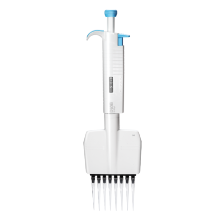 A white and blue adjustable multichannel pipette with eight tips, designed for laboratory liquid handling tasks, isolated on a plain background.