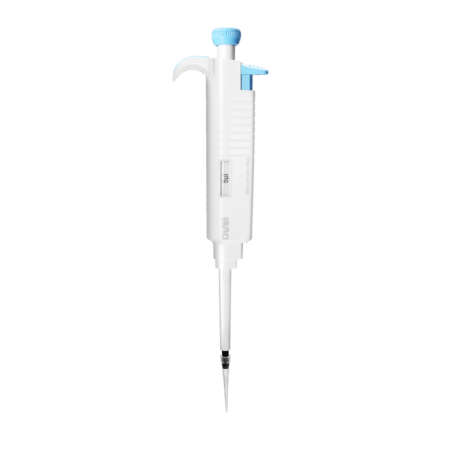 A laboratory micropipette with a blue plunger and a clear plastic tip, shown against a plain white background.