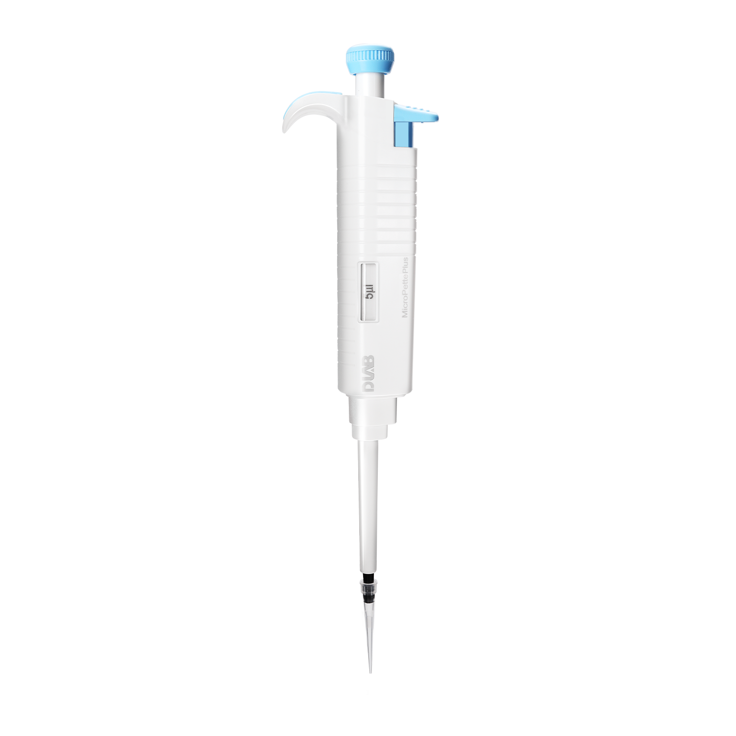 A laboratory micropipette with a blue plunger and a clear plastic tip, shown against a plain white background.