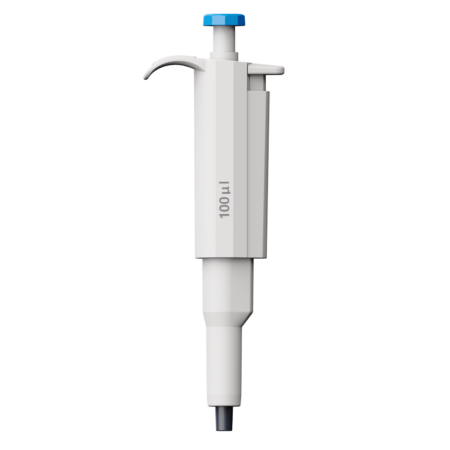 A single-channel adjustable pipette set to 100 microliters, shown vertically on a plain white background.