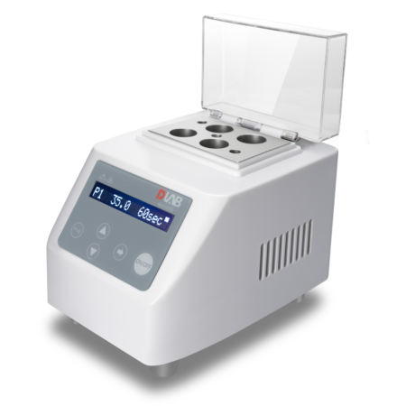 A laboratory dry bath incubator with digital display, control buttons, and a transparent lid, featuring multiple sample slots.