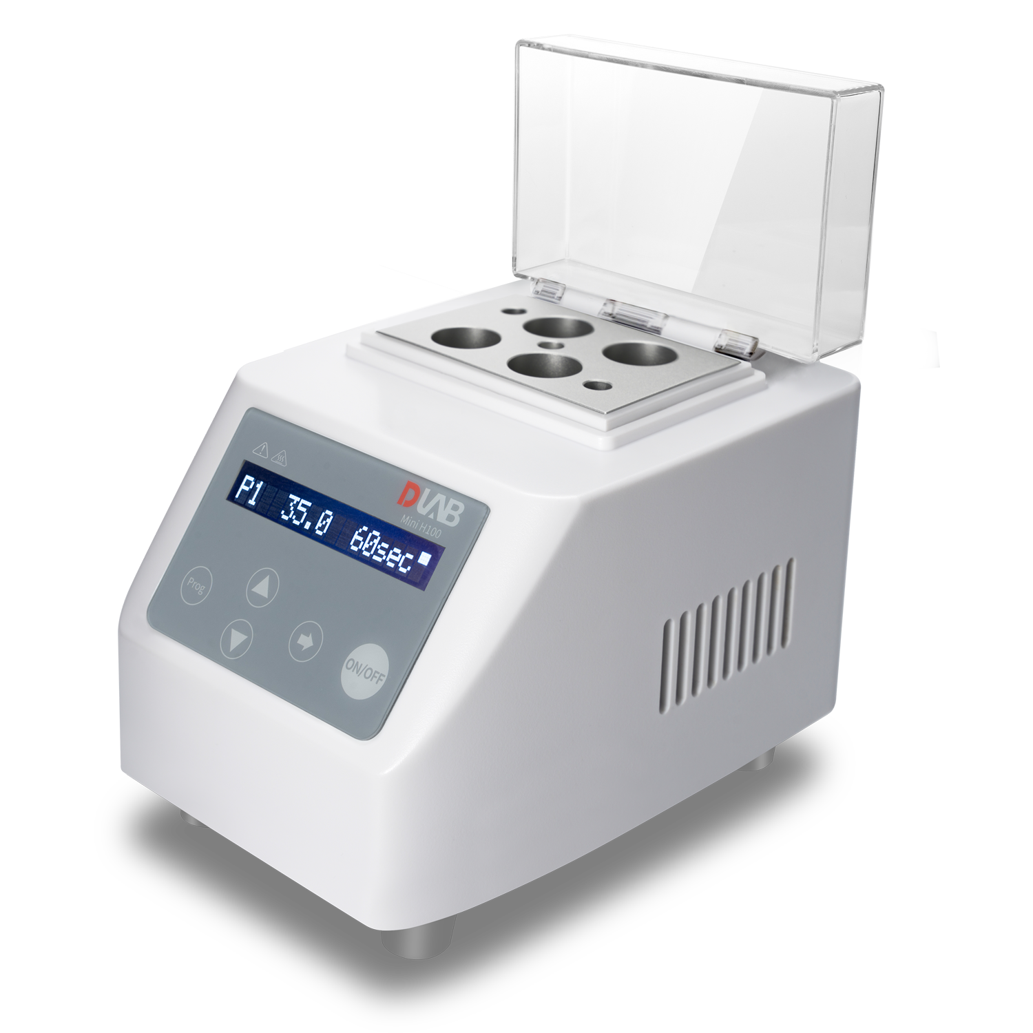 A laboratory dry bath incubator with digital display, control buttons, and a transparent lid, featuring multiple sample slots.