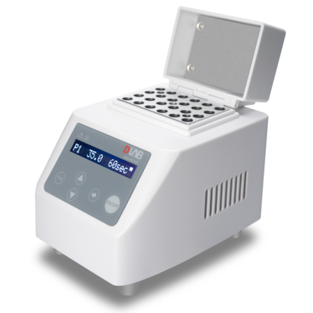 A white digital dry bath incubator with a display screen, control buttons, and an open lid revealing multiple slots for test tubes.