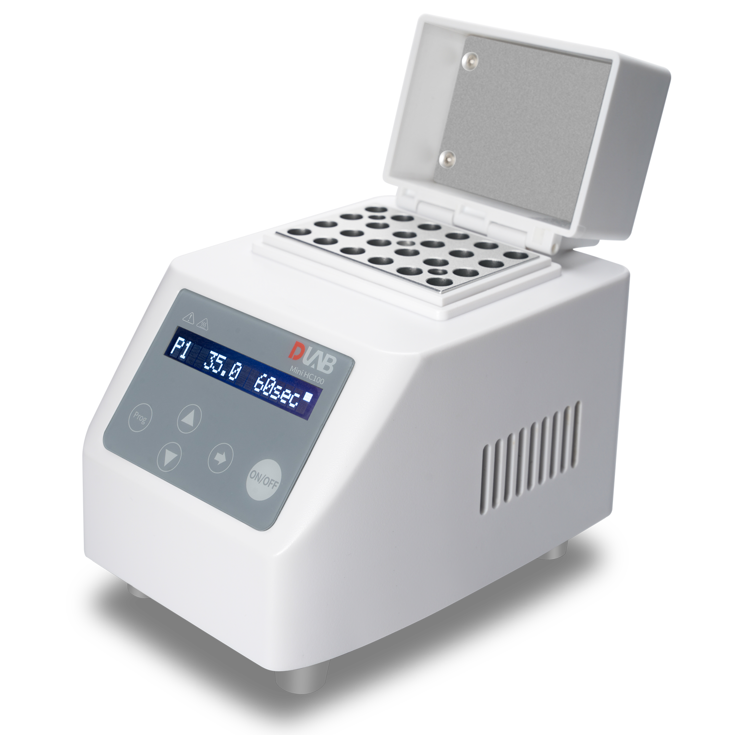 A white digital dry bath incubator with a display screen, control buttons, and an open lid revealing multiple slots for test tubes.