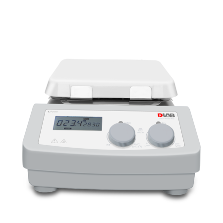 A laboratory magnetic stirrer with a digital display, two control knobs, and the brand label "DLAB" on the front panel.