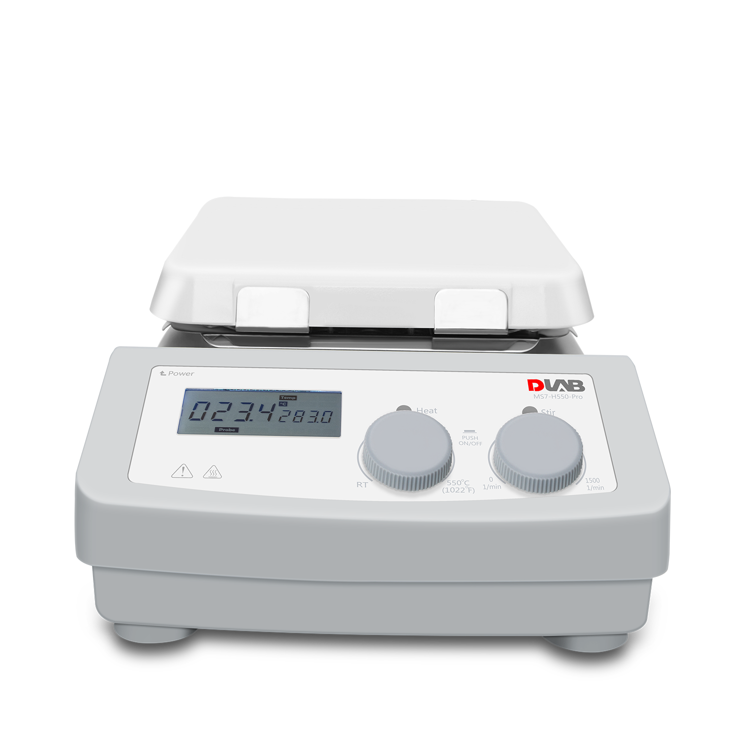 A laboratory magnetic stirrer with a digital display, two control knobs, and the brand label "DLAB" on the front panel.