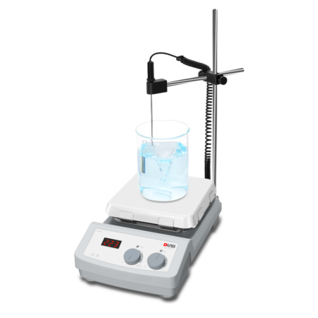 A laboratory hotplate stirrer with a digital display stirs blue liquid in a beaker, with a temperature probe attached above the beaker.