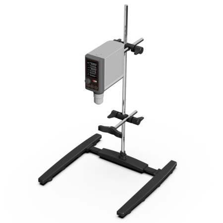 Laboratory overhead stirrer with digital display mounted on a vertical stand, featuring adjustable clamps and a stable base.