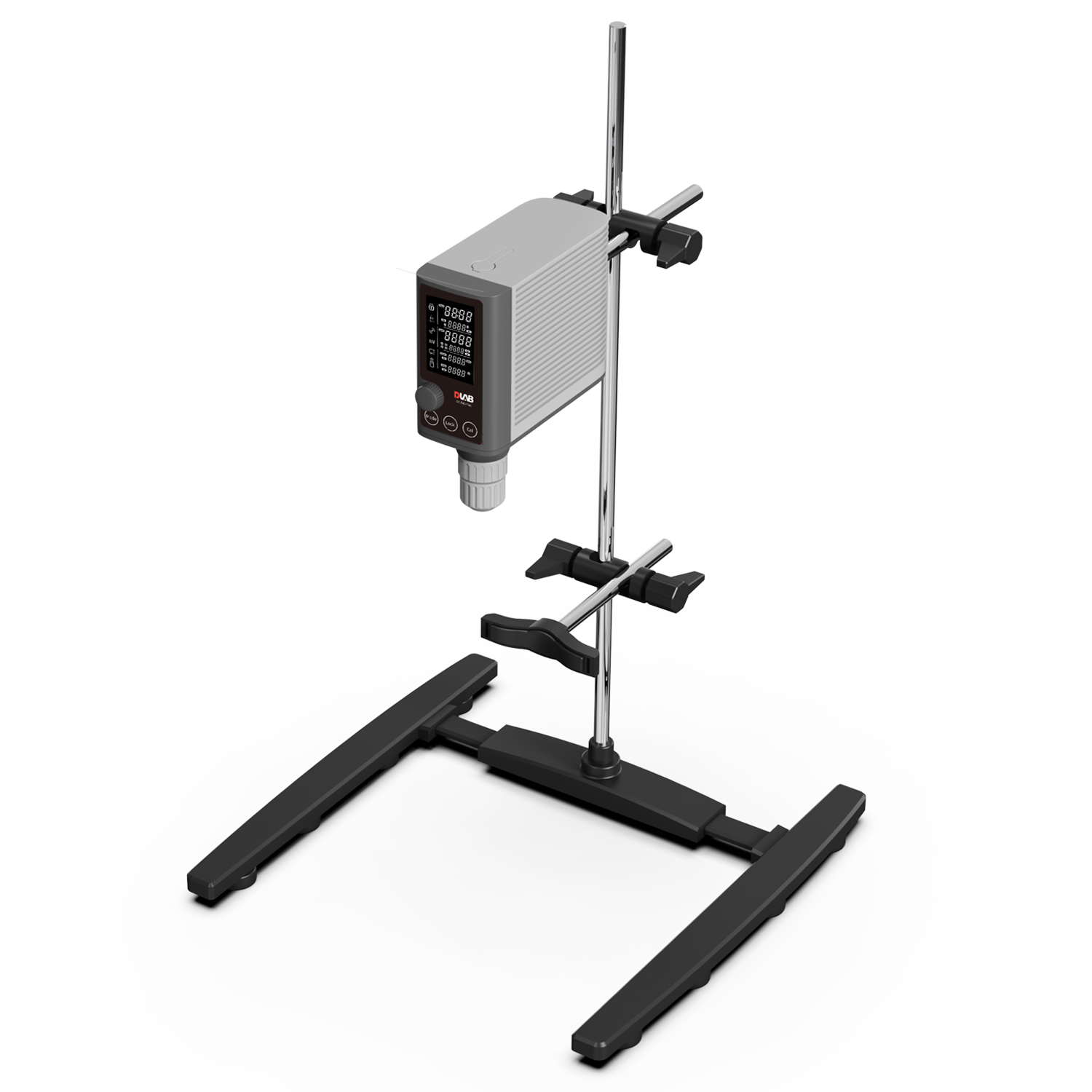 Laboratory overhead stirrer with digital display mounted on a vertical stand, featuring adjustable clamps and a stable base.