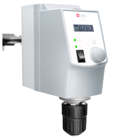 A digital overhead stirrer with display screen, control dial, power switch, and indicator lights, mounted for laboratory use.