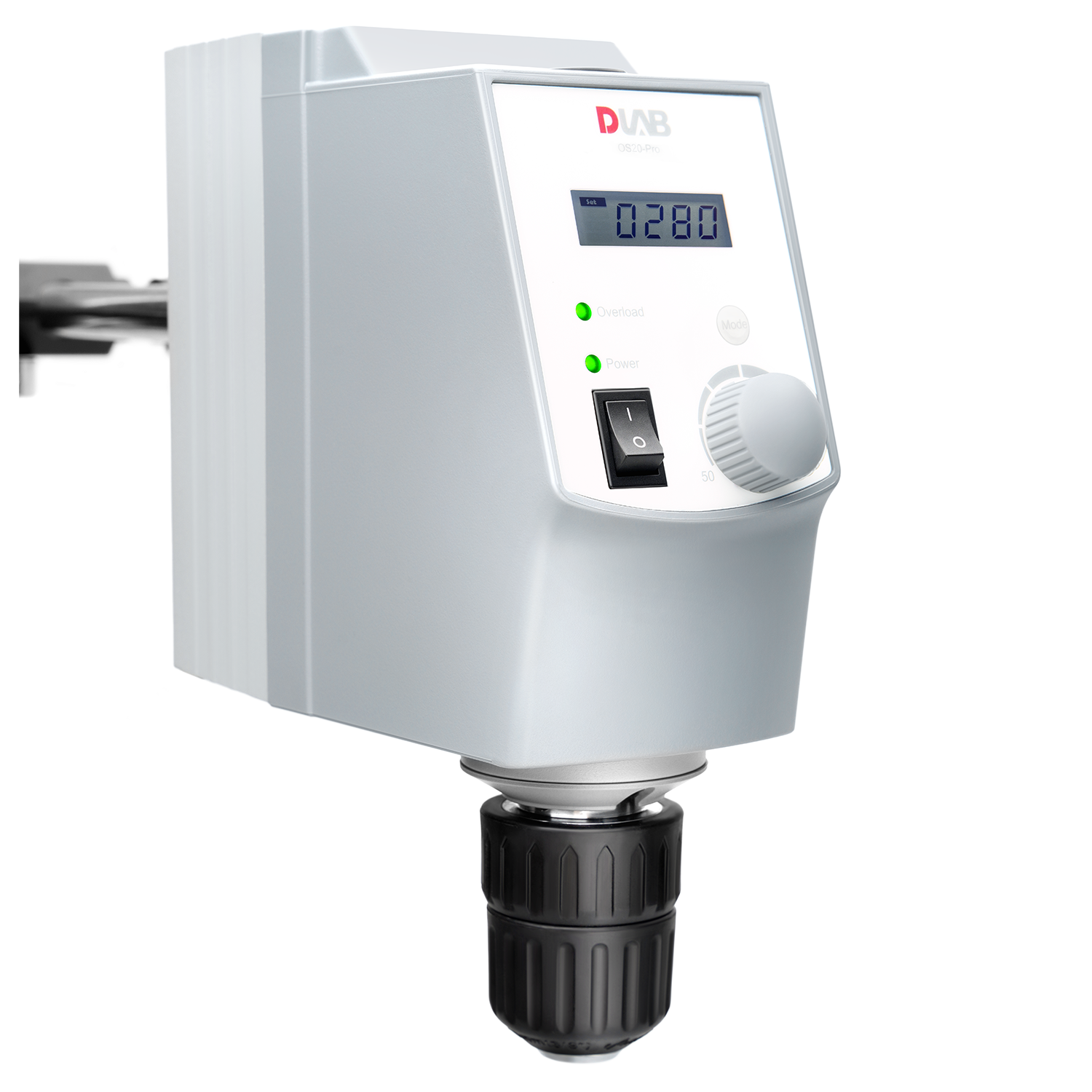 A digital overhead stirrer with display screen, control dial, power switch, and indicator lights, mounted for laboratory use.