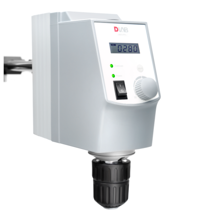 A laboratory overhead stirrer with digital display, control knob, on/off switch, and status indicator lights is shown on a white background.