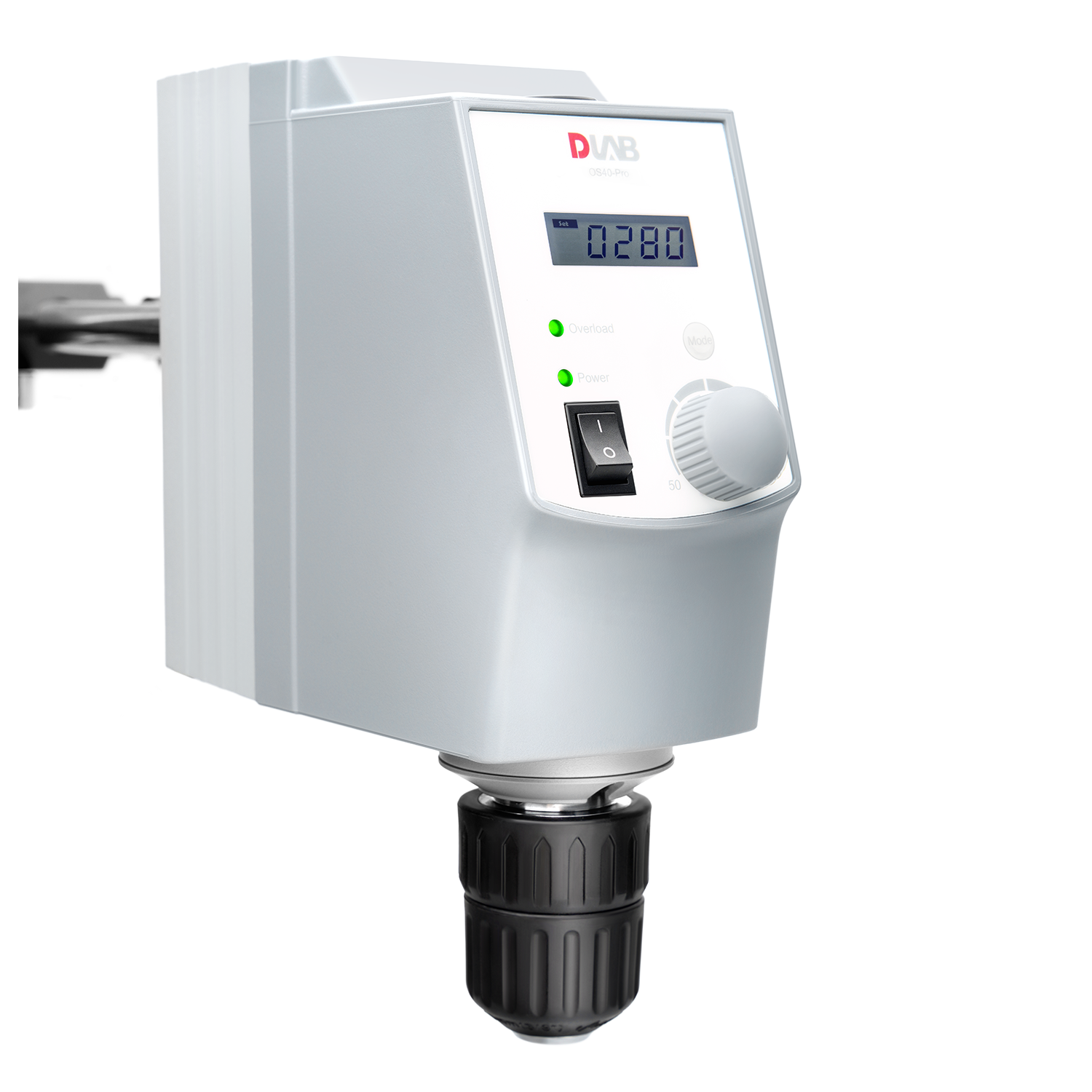 A laboratory overhead stirrer with digital display, control knob, on/off switch, and status indicator lights is shown on a white background.
